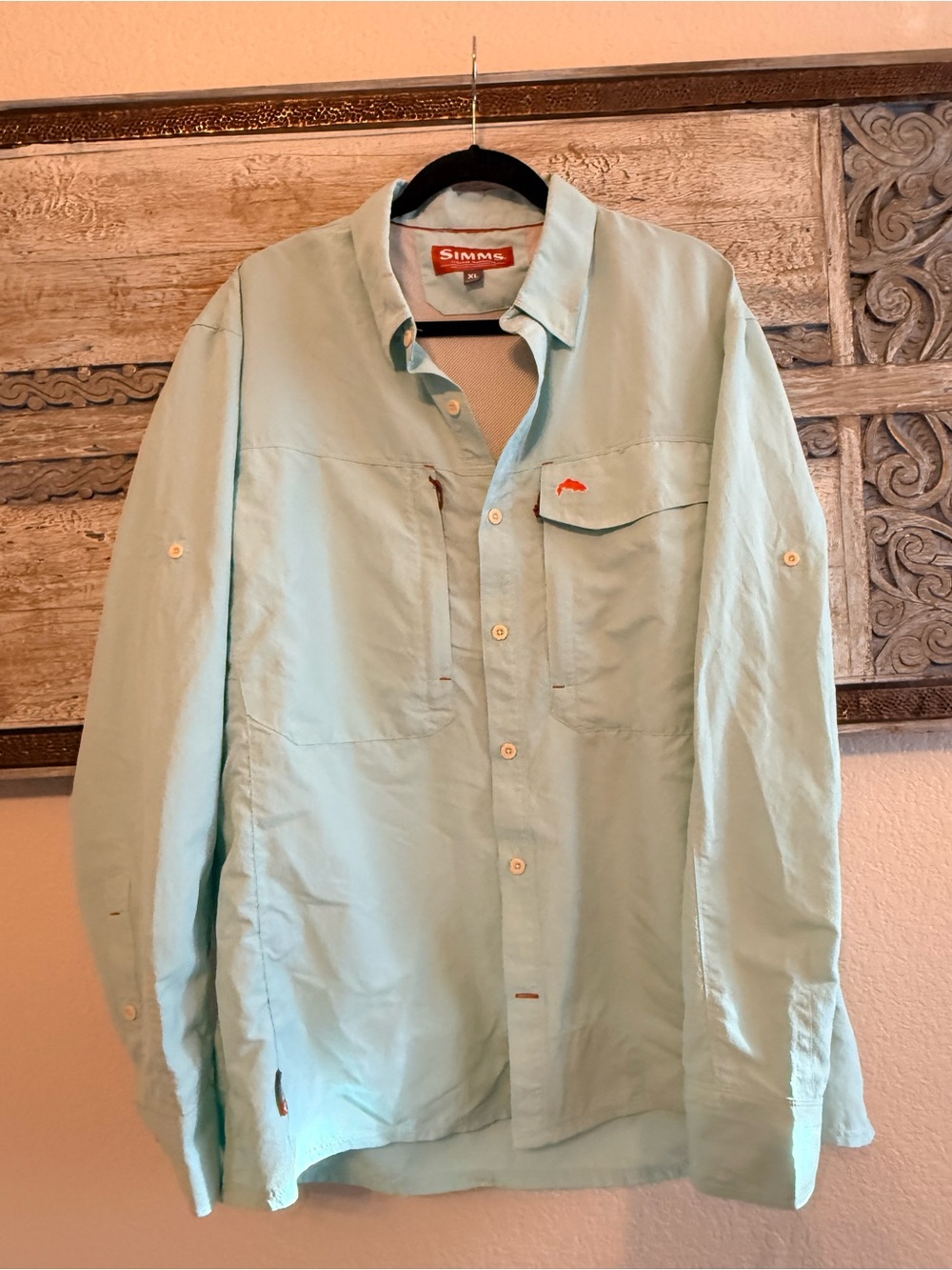 Simms Light Green Fishing Shirt with Orange Logo